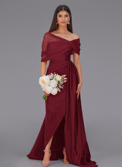 Elegant Tulle Asymmetrical Neckline Satin Bridesmaid Dresses With Split Front/Sweeping Side Drape