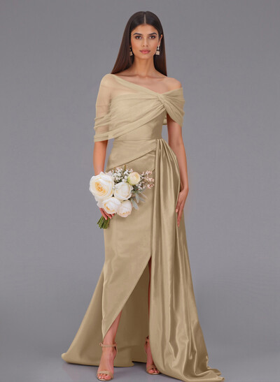 Elegant Tulle Asymmetrical Neckline Satin Bridesmaid Dresses With Split Front/Sweeping Side Drape