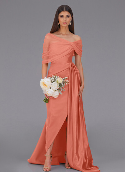 Elegant Tulle Asymmetrical Neckline Satin Bridesmaid Dresses With Split Front/Sweeping Side Drape
