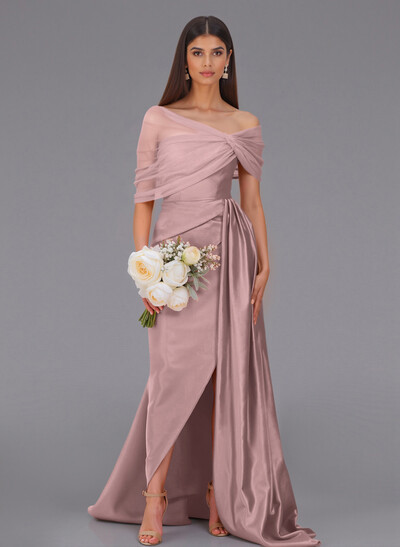 Elegant Tulle Asymmetrical Neckline Satin Bridesmaid Dresses With Split Front/Sweeping Side Drape