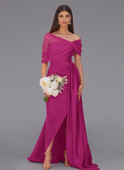 Elegant Tulle Asymmetrical Neckline Satin Bridesmaid Dresses With Split Front/Sweeping Side Drape