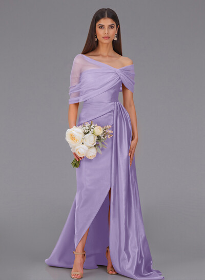 Elegant Tulle Asymmetrical Neckline Satin Bridesmaid Dresses With Split Front/Sweeping Side Drape
