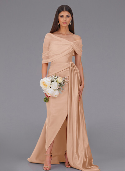Elegant Tulle Asymmetrical Neckline Satin Bridesmaid Dresses With Split Front/Sweeping Side Drape