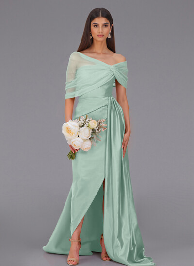 Elegant Tulle Asymmetrical Neckline Satin Bridesmaid Dresses With Split Front/Sweeping Side Drape