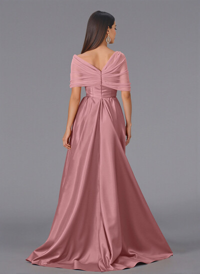 Elegant Tulle Asymmetrical Neckline Satin Bridesmaid Dresses With Split Front/Sweeping Side Drape