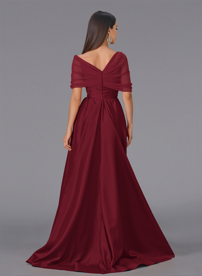 Elegant Tulle Asymmetrical Neckline Satin Bridesmaid Dresses With Split Front/Sweeping Side Drape