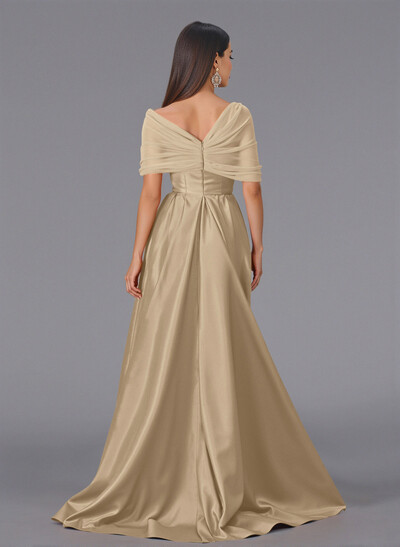 Elegant Tulle Asymmetrical Neckline Satin Bridesmaid Dresses With Split Front/Sweeping Side Drape