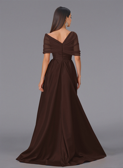 Elegant Tulle Asymmetrical Neckline Satin Bridesmaid Dresses With Split Front/Sweeping Side Drape