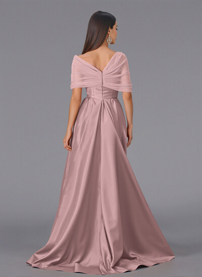 Elegant Tulle Asymmetrical Neckline Satin Bridesmaid Dresses With Split Front/Sweeping Side Drape