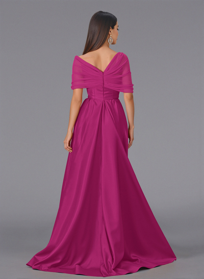 Elegant Tulle Asymmetrical Neckline Satin Bridesmaid Dresses With Split Front/Sweeping Side Drape