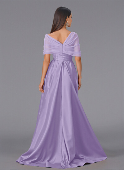 Elegant Tulle Asymmetrical Neckline Satin Bridesmaid Dresses With Split Front/Sweeping Side Drape
