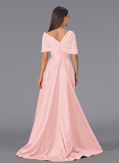 Elegant Tulle Asymmetrical Neckline Satin Bridesmaid Dresses With Split Front/Sweeping Side Drape