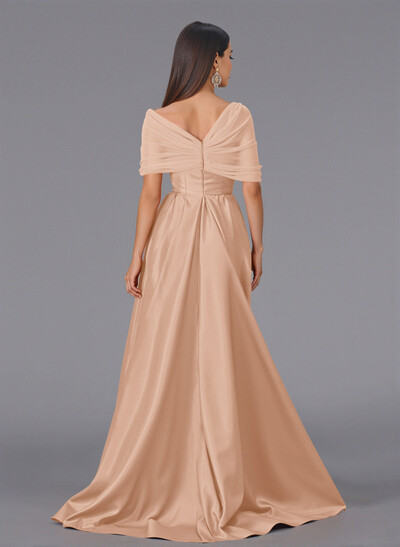 Elegant Tulle Asymmetrical Neckline Satin Bridesmaid Dresses With Split Front/Sweeping Side Drape