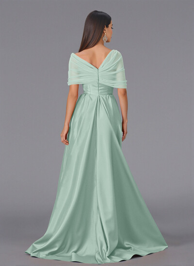 Elegant Tulle Asymmetrical Neckline Satin Bridesmaid Dresses With Split Front/Sweeping Side Drape