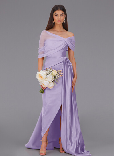 Elegant Tulle Asymmetrical Neckline Satin Bridesmaid Dresses With Split Front/Sweeping Side Drape