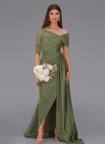 Elegant Tulle Asymmetrical Neckline Satin Bridesmaid Dresses With Split Front/Sweeping Side Drape