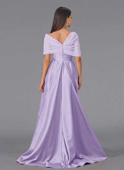 Elegant Tulle Asymmetrical Neckline Satin Bridesmaid Dresses With Split Front/Sweeping Side Drape