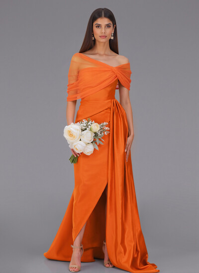 Elegant Tulle Asymmetrical Neckline Satin Bridesmaid Dresses With Split Front/Sweeping Side Drape