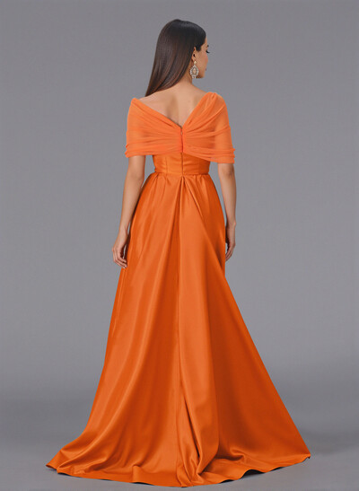 Elegant Tulle Asymmetrical Neckline Satin Bridesmaid Dresses With Split Front/Sweeping Side Drape