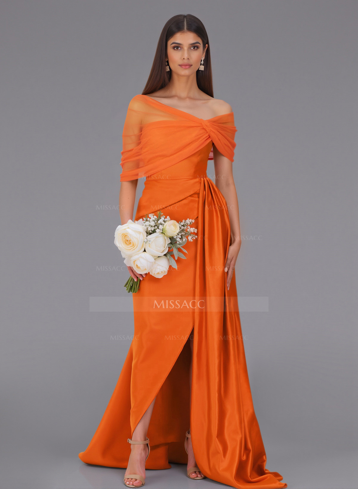 Elegant Tulle Asymmetrical Neckline Satin Bridesmaid Dresses With Split Front/Sweeping Side Drape