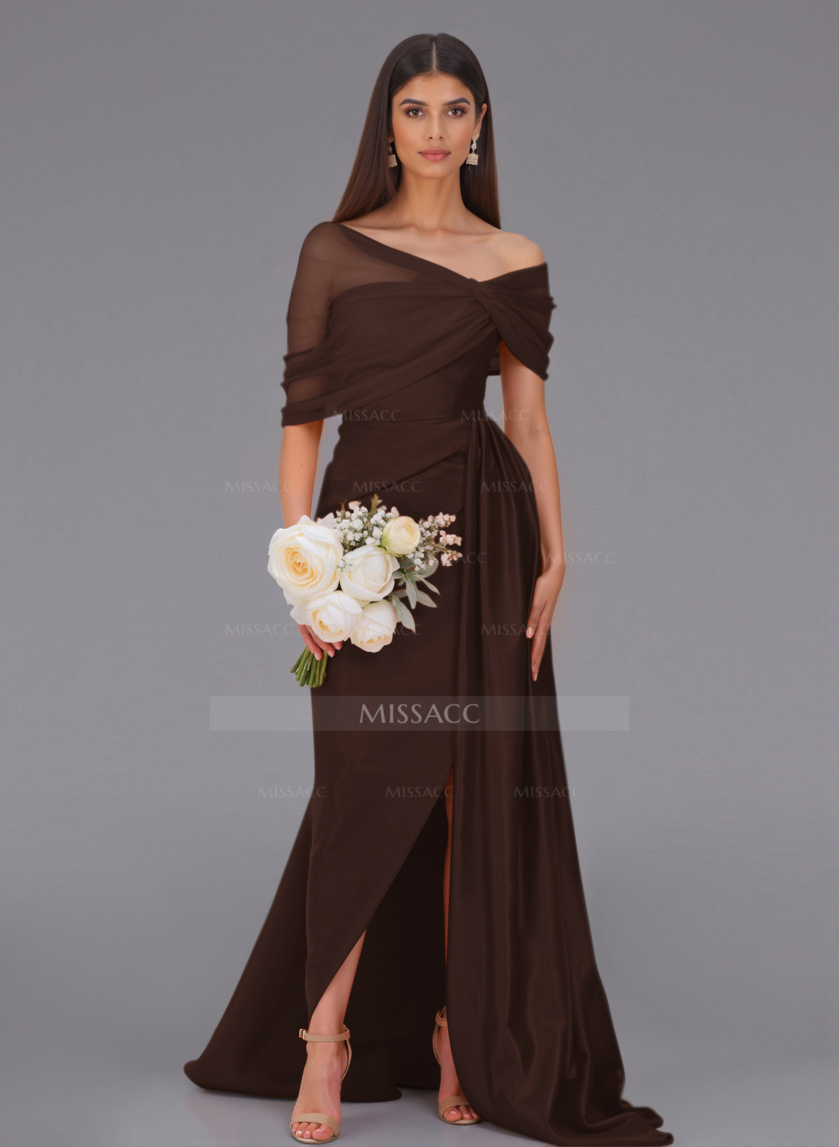 Elegant Tulle Asymmetrical Neckline Satin Bridesmaid Dresses With Split Front/Sweeping Side Drape