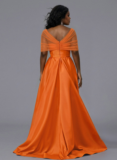 Elegant Tulle Asymmetrical Neckline Satin Bridesmaid Dresses With Split Front/Sweeping Side Drape