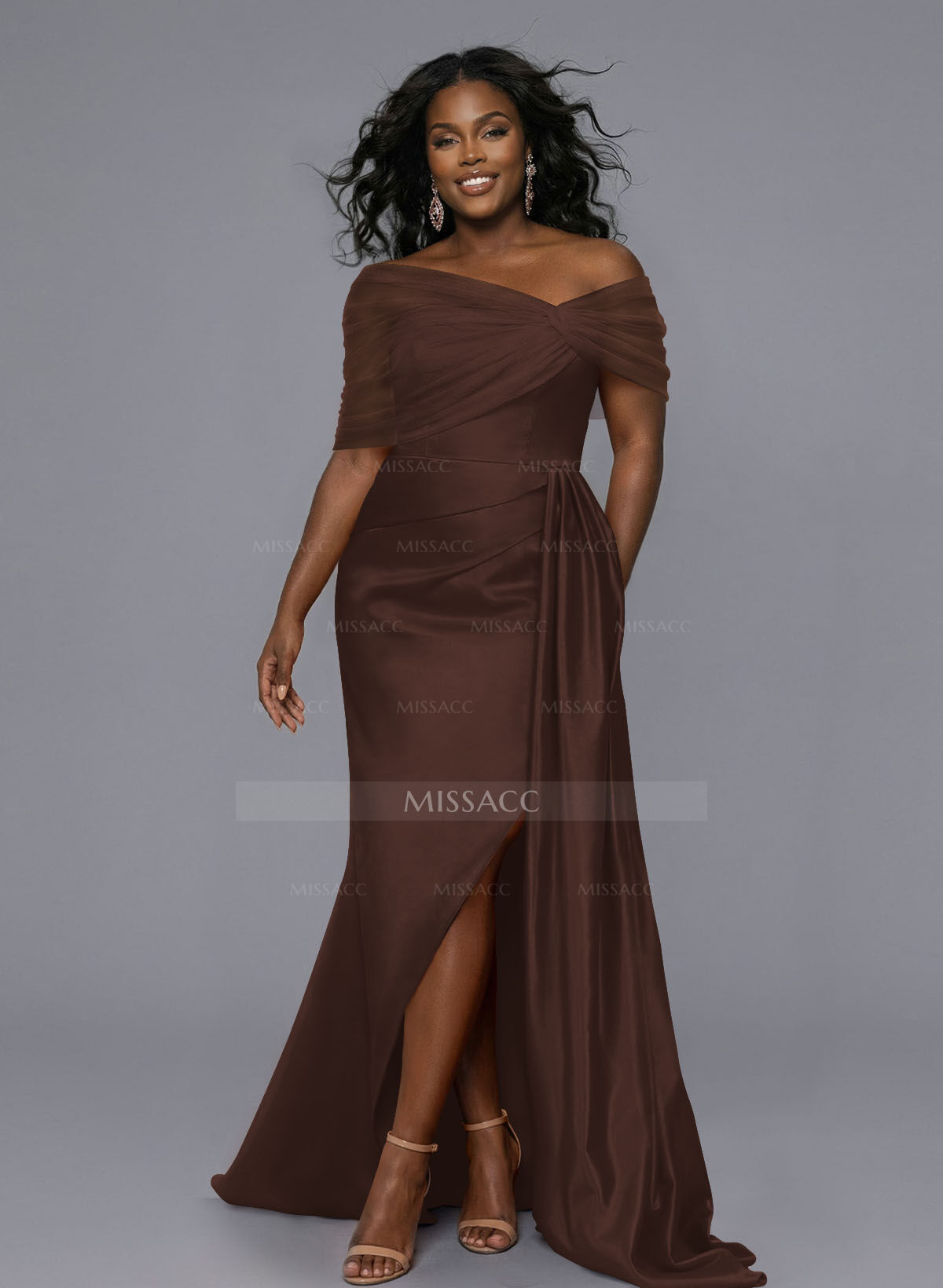 Elegant Tulle Asymmetrical Neckline Satin Bridesmaid Dresses With Split Front/Sweeping Side Drape