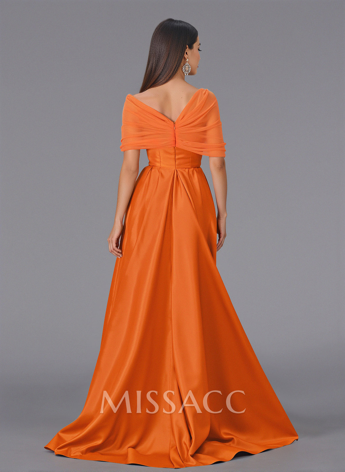 Elegant Tulle Asymmetrical Neckline Satin Bridesmaid Dresses With Split Front/Sweeping Side Drape Elegant Tulle Asymmetrical Neckline Satin Bridesmaid Dresses With Split Front/Sweeping Side Drape