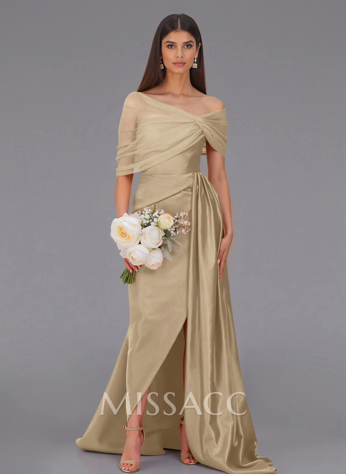 Elegant Tulle Asymmetrical Neckline Satin Bridesmaid Dresses With Split  Front/Sweeping Side Drape - Missacc