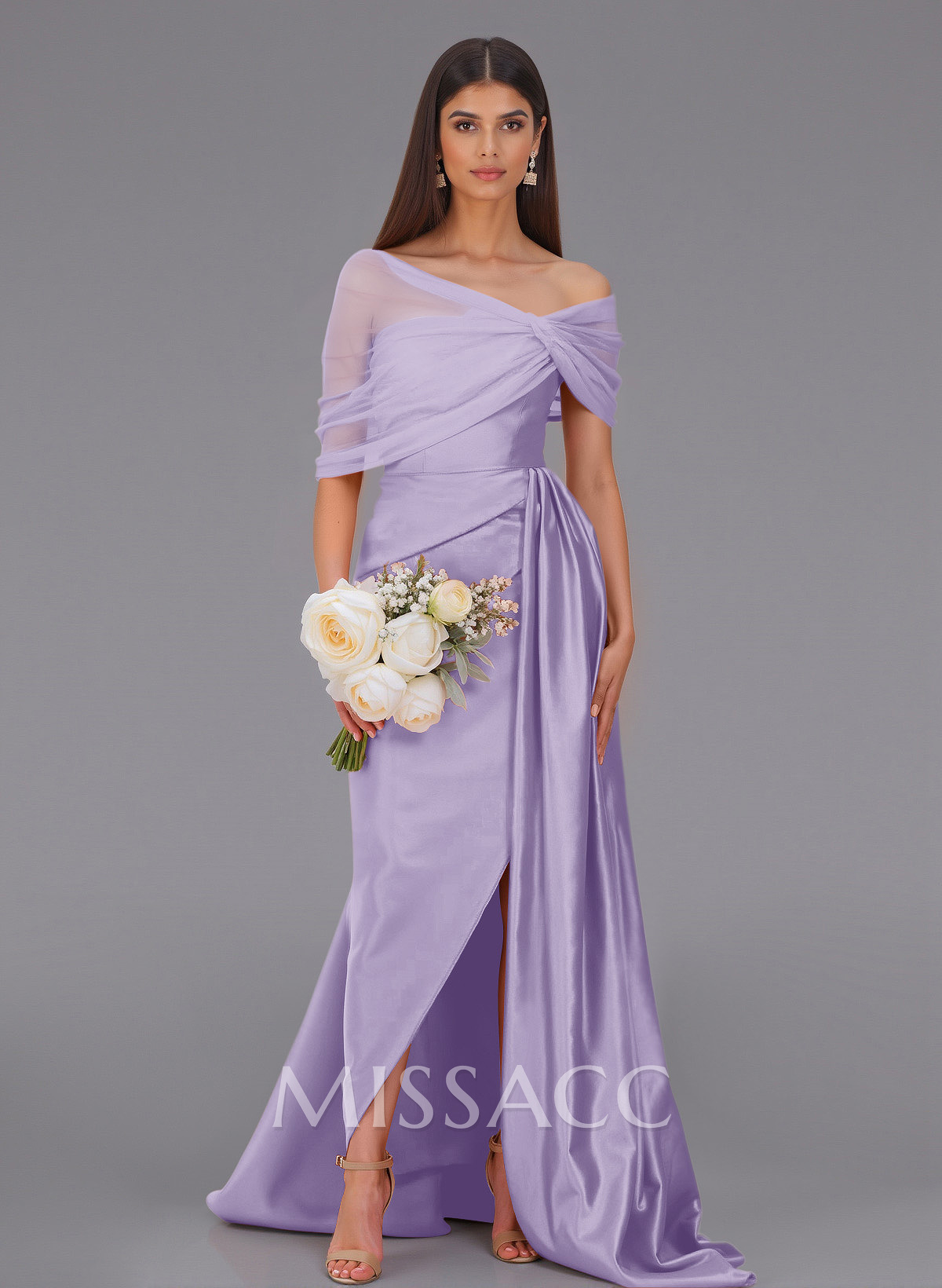 Elegant Tulle Asymmetrical Neckline Satin Bridesmaid Dresses With Split Front/Sweeping Side Drape Elegant Tulle Asymmetrical Neckline Satin Bridesmaid Dresses With Split Front/Sweeping Side Drape