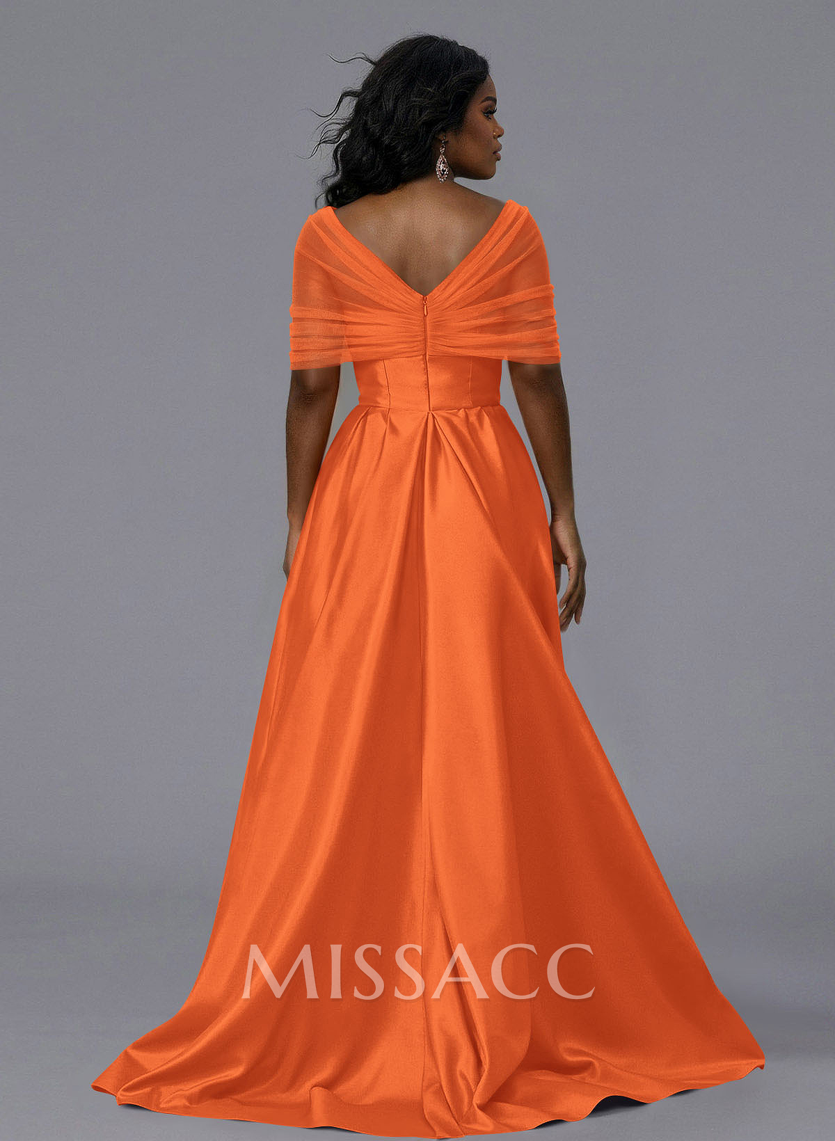 Elegant Tulle Asymmetrical Neckline Satin Bridesmaid Dresses With Split Front/Sweeping Side Drape Elegant Tulle Asymmetrical Neckline Satin Bridesmaid Dresses With Split Front/Sweeping Side Drape
