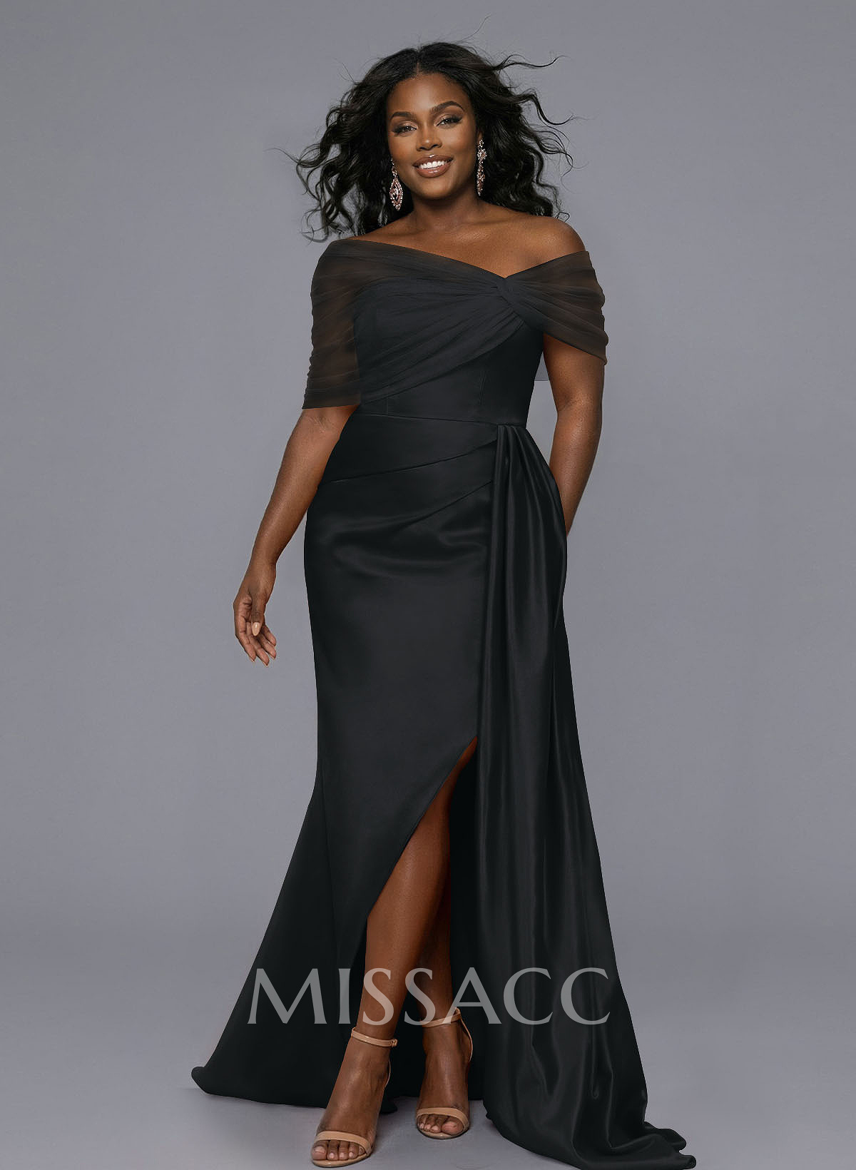 Elegant Tulle Asymmetrical Neckline Satin Bridesmaid Dresses With Split Front/Sweeping Side Drape