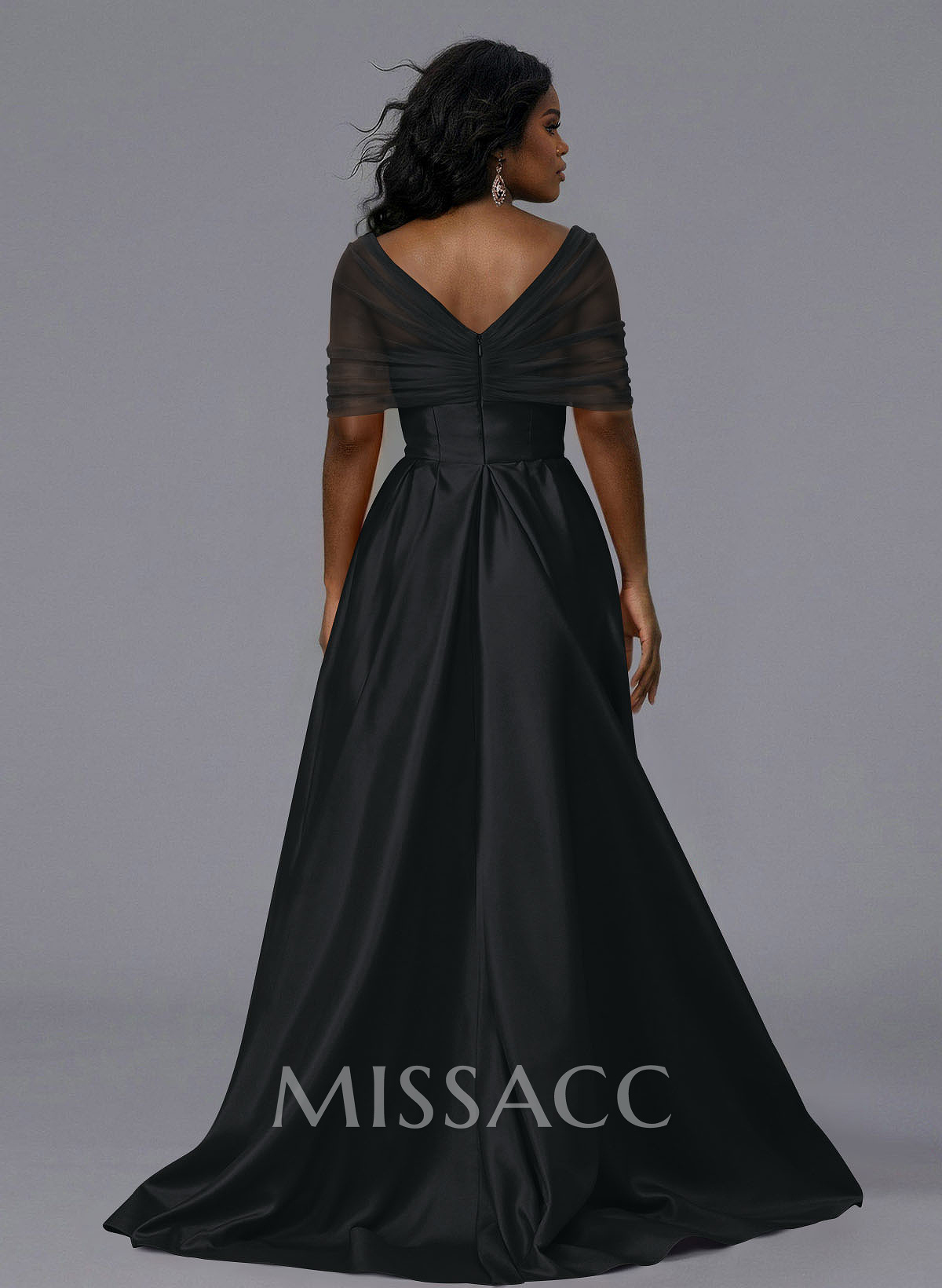 Elegant Tulle Asymmetrical Neckline Satin Bridesmaid Dresses With Split Front/Sweeping Side Drape