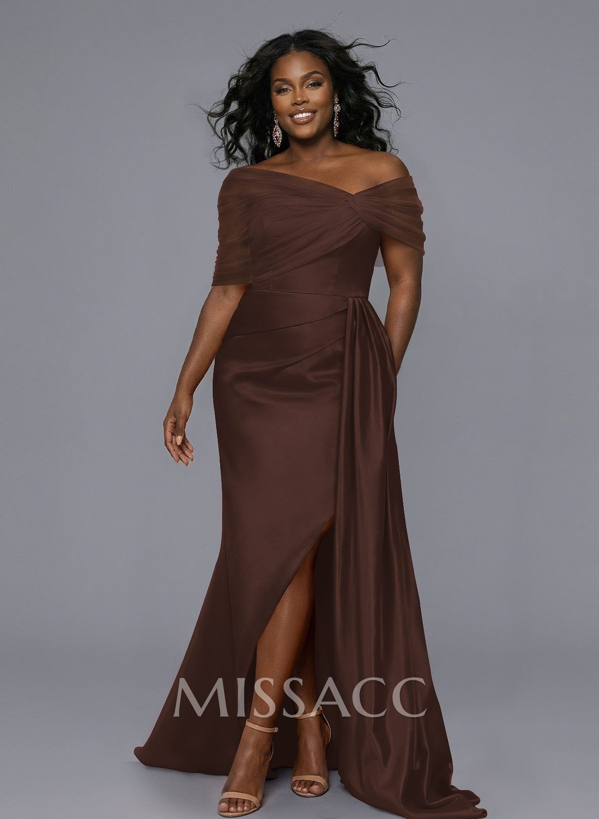 Elegant Tulle Asymmetrical Neckline Satin Bridesmaid Dresses With Split Front/Sweeping Side Drape