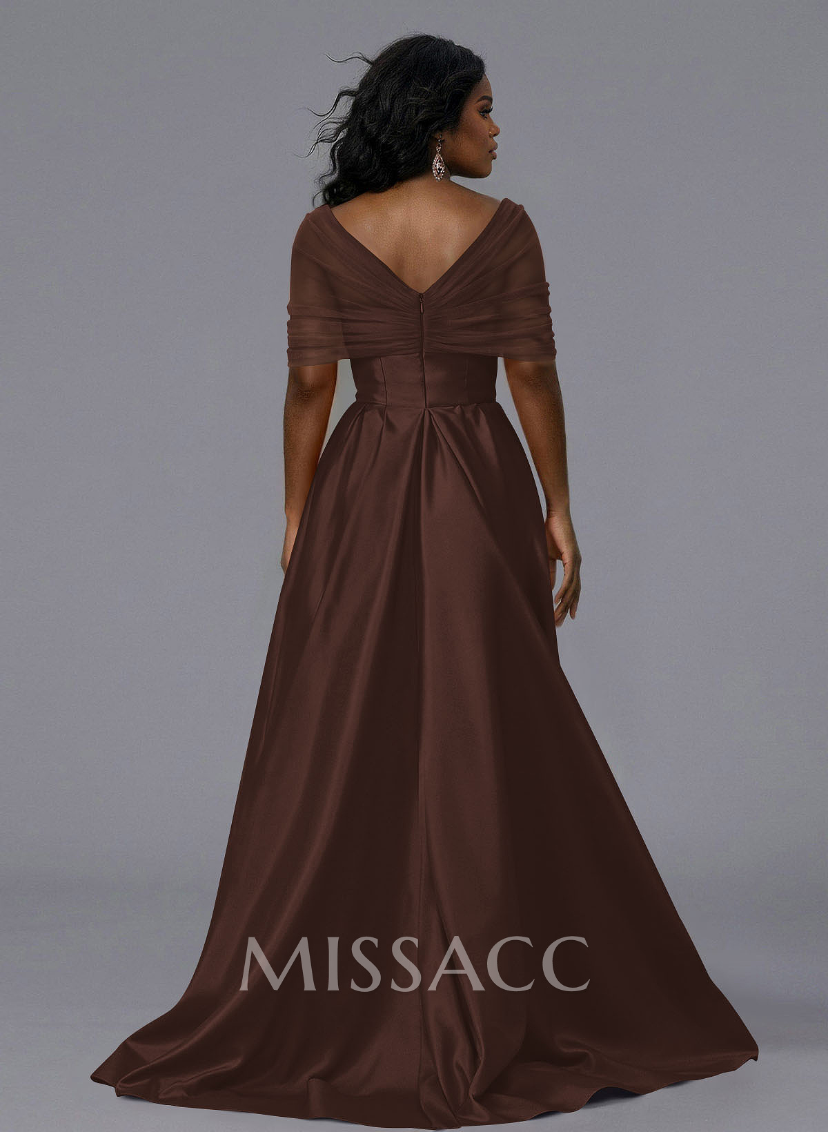Elegant Tulle Asymmetrical Neckline Satin Bridesmaid Dresses With Split Front/Sweeping Side Drape