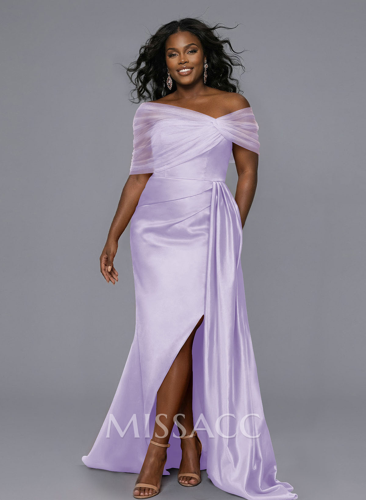 Elegant Tulle Asymmetrical Neckline Satin Bridesmaid Dresses With Split Front/Sweeping Side Drape Elegant Tulle Asymmetrical Neckline Satin Bridesmaid Dresses With Split Front/Sweeping Side Drape