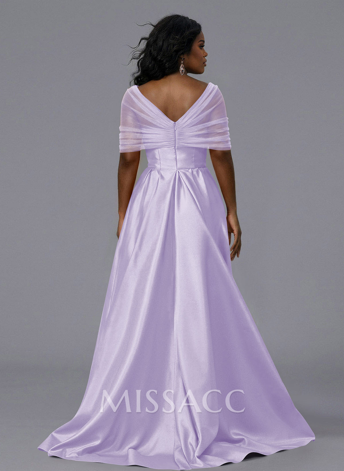 Elegant Tulle Asymmetrical Neckline Satin Bridesmaid Dresses With Split Front/Sweeping Side Drape Elegant Tulle Asymmetrical Neckline Satin Bridesmaid Dresses With Split Front/Sweeping Side Drape