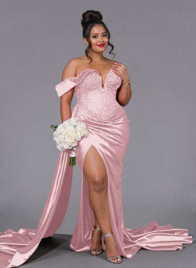 Luxury Off-The-Shoulder Sweep Train Silk Like Satin Bridesmaid Dresses