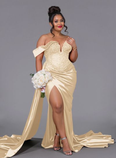 Luxury Off-The-Shoulder Sweep Train Silk Like Satin Bridesmaid Dresses