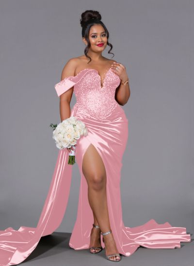 Luxury Off-The-Shoulder Sweep Train Silk Like Satin Bridesmaid Dresses