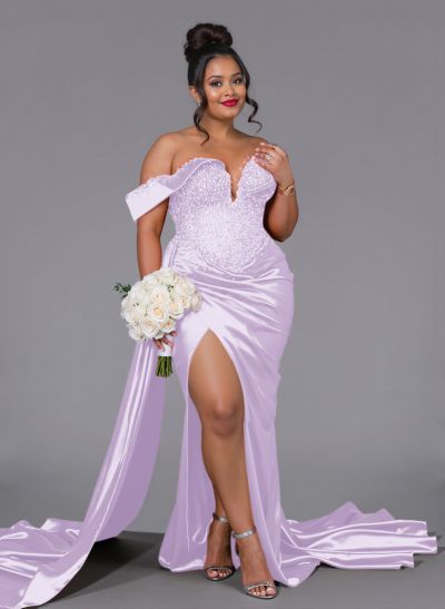 Luxury Off-The-Shoulder Sweep Train Silk Like Satin Bridesmaid Dresses