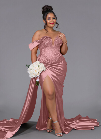 Luxury Off-The-Shoulder Sweep Train Silk Like Satin Bridesmaid Dresses