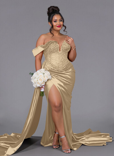 Luxury Off-The-Shoulder Sweep Train Silk Like Satin Bridesmaid Dresses