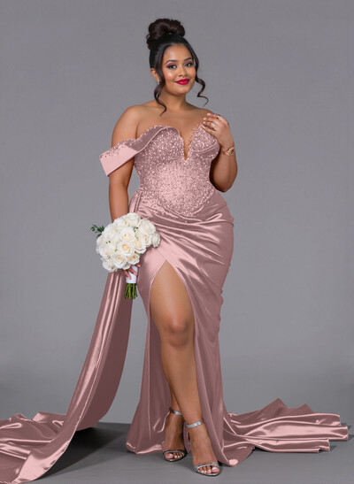 Luxury Off-The-Shoulder Sweep Train Silk Like Satin Bridesmaid Dresses
