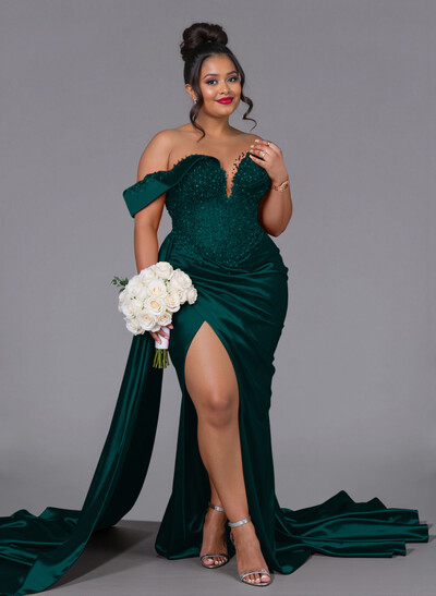 Luxury Off-The-Shoulder Sweep Train Silk Like Satin Bridesmaid Dresses