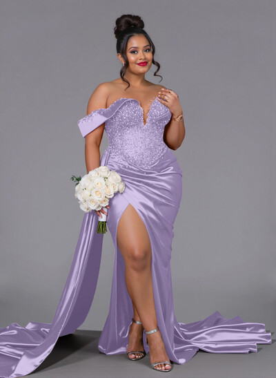 Luxury Off-The-Shoulder Sweep Train Silk Like Satin Bridesmaid Dresses