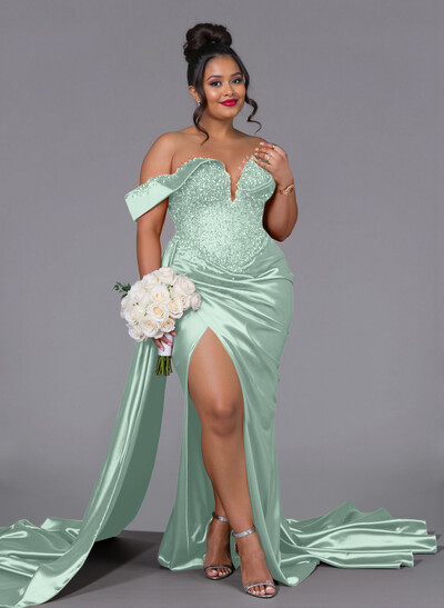 Luxury Off-The-Shoulder Sweep Train Silk Like Satin Bridesmaid Dresses