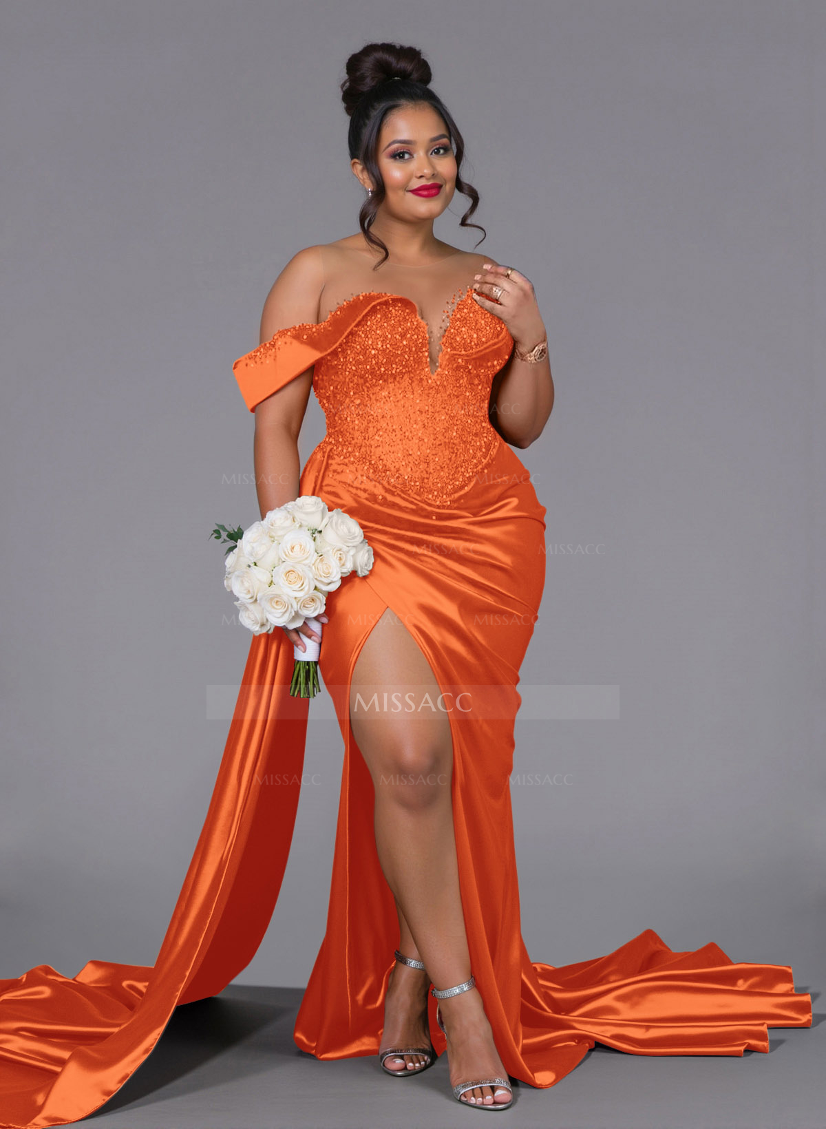 Luxury Off-The-Shoulder Sweep Train Silk Like Satin Bridesmaid Dresses