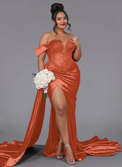 Luxury Off-The-Shoulder Sweep Train Silk Like Satin Bridesmaid Dresses