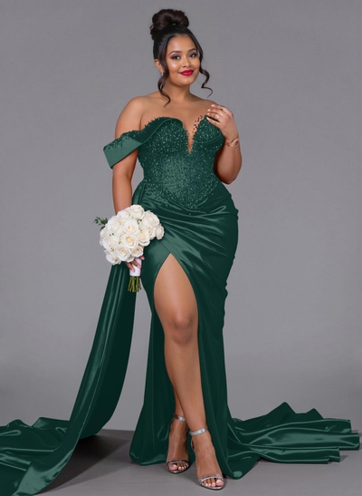 Luxury Off-The-Shoulder Sweep Train Silk Like Satin Bridesmaid Dresses